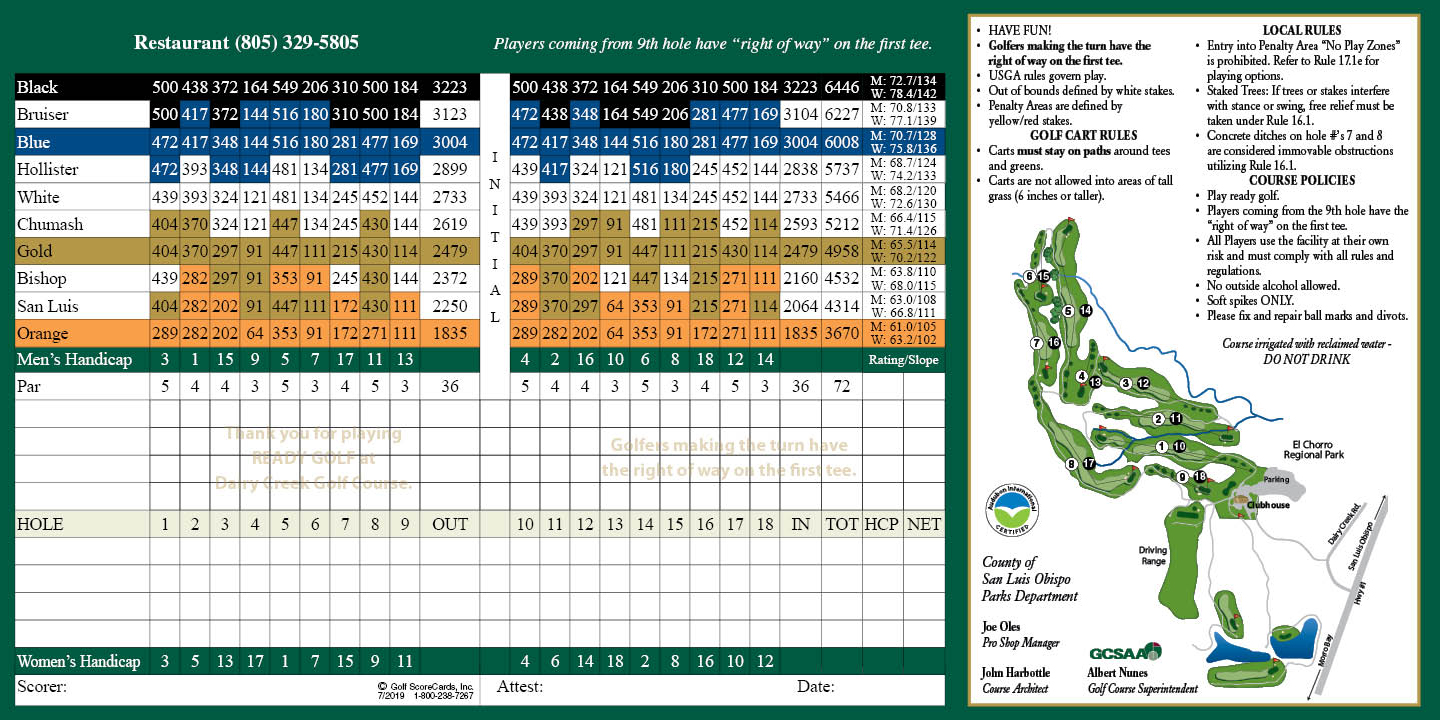 Dairy Creek Golf Course & Score Card